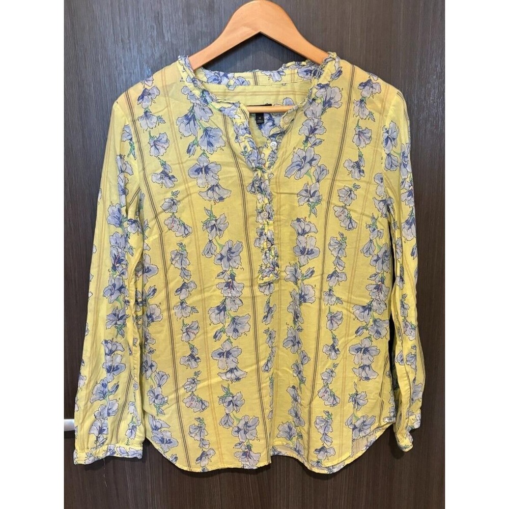 Talbots Top Shirt Womens Medium Yellow Floral 100% Cotton Pleated cottagecore‎